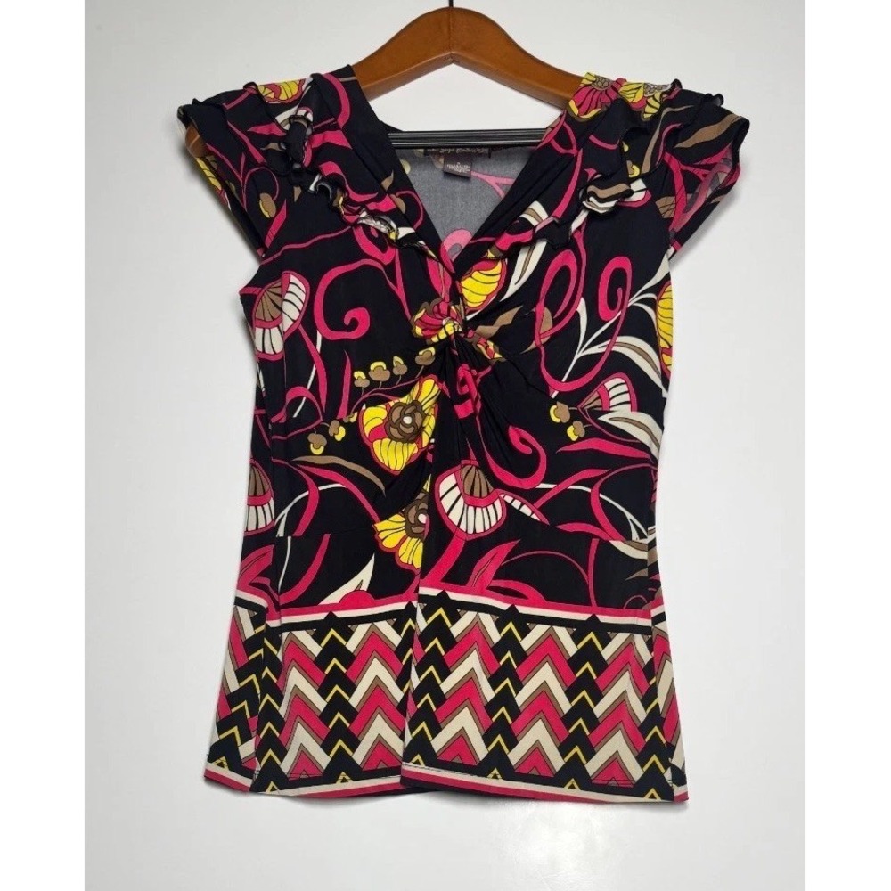 Suzie Couture Blouse Top Womens Small Black Multi Floral Ruffle Trim Twist Front